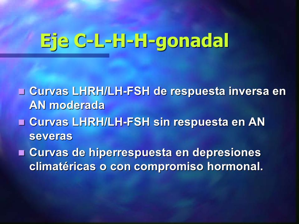 Eje C-L-H-H-gonadal Curvas LHRH/LH-FSH de respuesta inversa en AN moderada. Curvas LHRH/LH-FSH sin respuesta en AN severas.