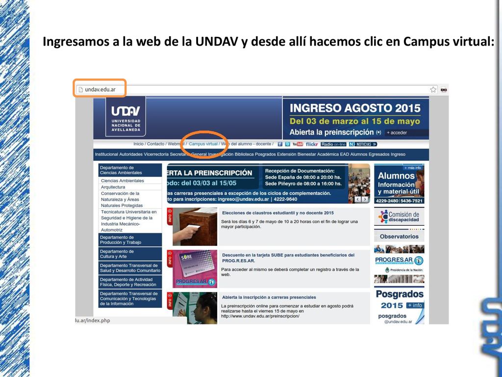 Ingresamos a la web de la UNDAV y desde allí hacemos clic en Campus virtual: