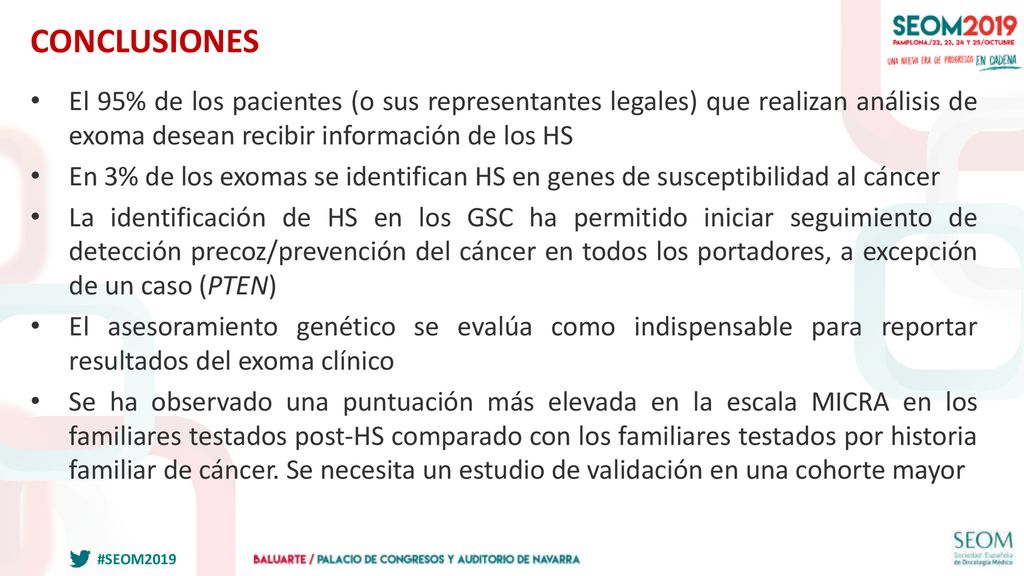 CONCLUSIONES El 95% de los pacientes (o sus representantes legales) que realizan análisis de exoma desean recibir información de los HS.