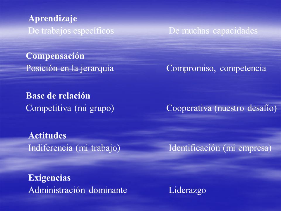 Aprendizaje De trabajos específicos De muchas capacidades. Compensación. Posición en la jerarquía Compromiso, competencia.