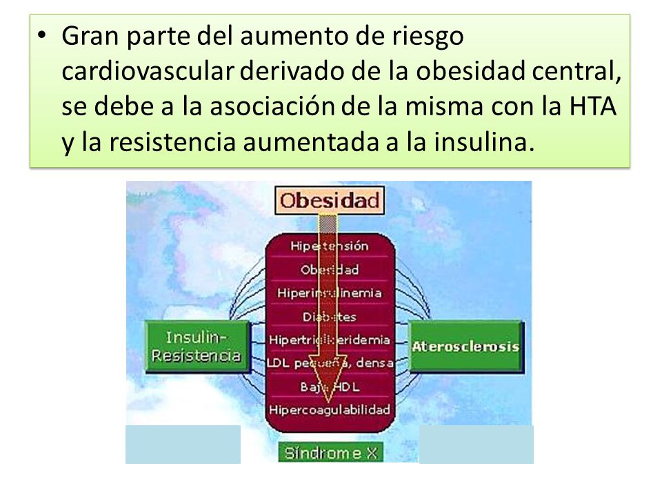 Gran parte del aumento de riesgo cardiovascular derivado de la obesidad central, se debe a la asociación de la misma con la HTA y la resistencia aumentada a la insulina.