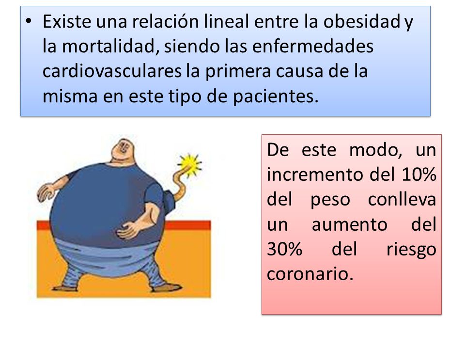 Existe una relación lineal entre la obesidad y la mortalidad, siendo las enfermedades cardiovasculares la primera causa de la misma en este tipo de pacientes.