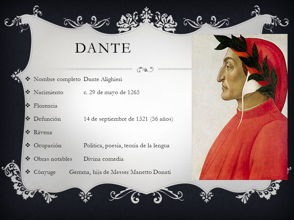 DANTE Nombre completo Dante Alighieri Nacimiento c. 29 de mayo de 1265