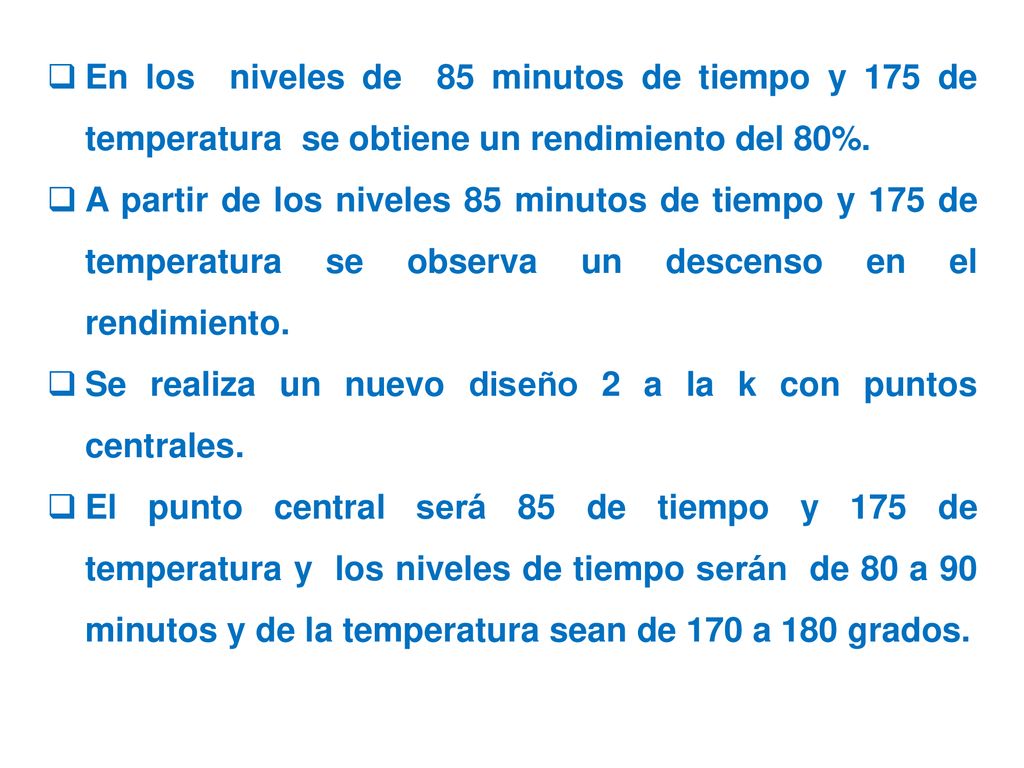 En los niveles de 85 minutos de tiempo y 175 de temperatura se obtiene un rendimiento del 80%.