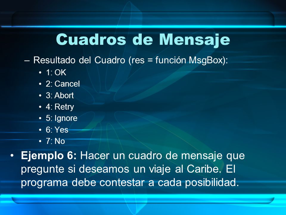 Cuadros de Mensaje Resultado del Cuadro (res = función MsgBox): 1: OK. 2: Cancel. 3: Abort. 4: Retry.