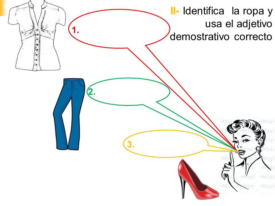 II- Identifica la ropa y usa el adjetivo demostrativo correcto