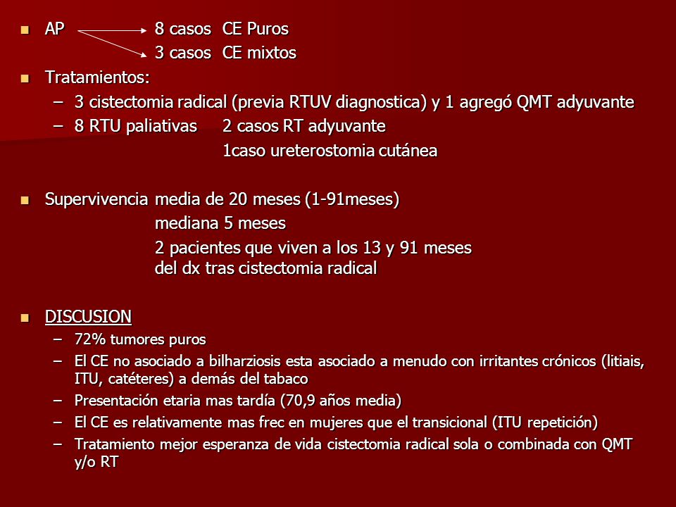 8 RTU paliativas 2 casos RT adyuvante 1caso ureterostomia cutánea