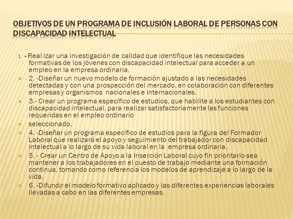 OBJETIVOS DE UN PROGRAMA DE INCLUSIÓN LABORAL DE PERSONAS CON DISCAPACIDAD INTELECTUAL