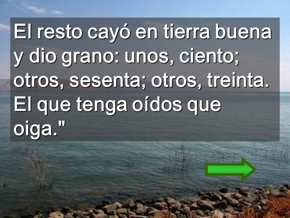 El resto cayó en tierra buena y dio grano: unos, ciento; otros, sesenta; otros, treinta.