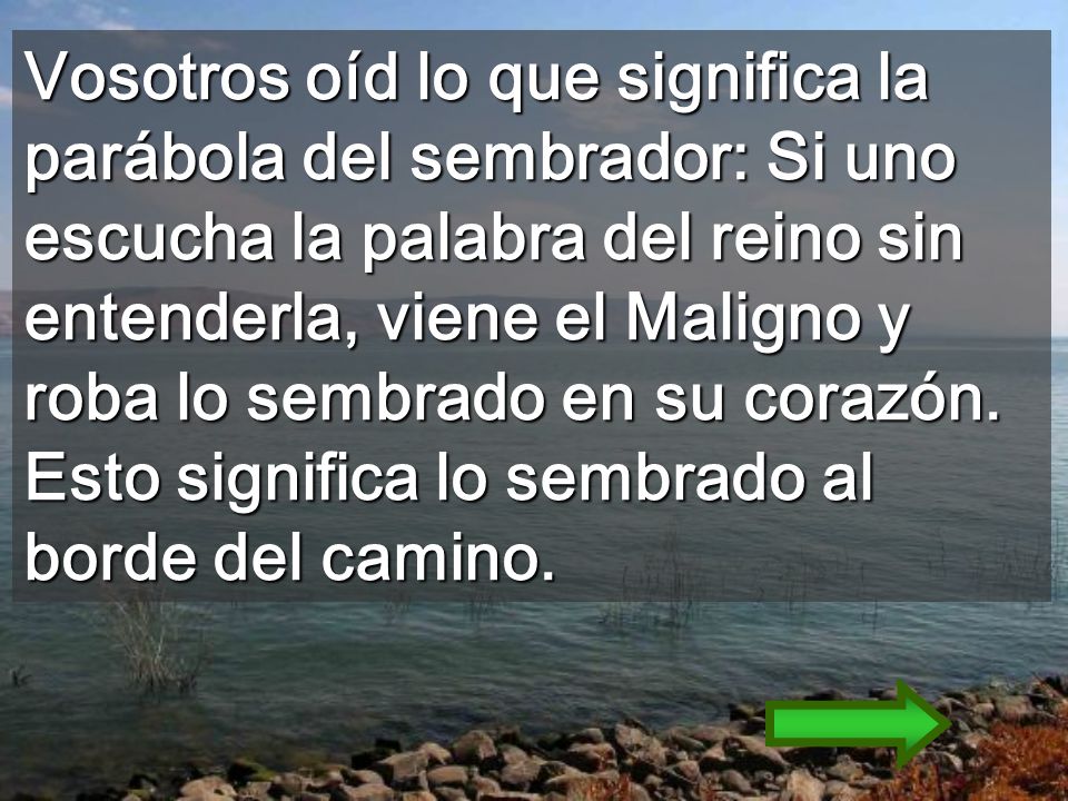 Vosotros oíd lo que significa la parábola del sembrador: Si uno escucha la palabra del reino sin entenderla, viene el Maligno y roba lo sembrado en su corazón.