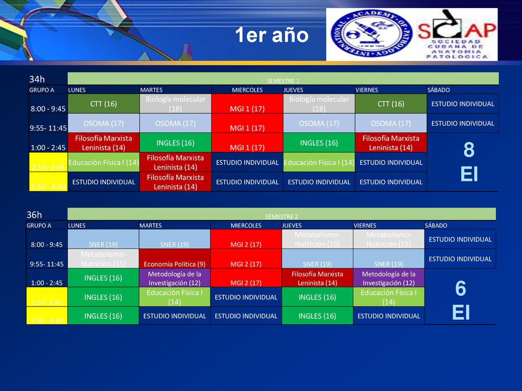 1er año 8 EI 6 EI 34h 36h 8:00 - 9:45 CTT (16) Biología molecular (18)