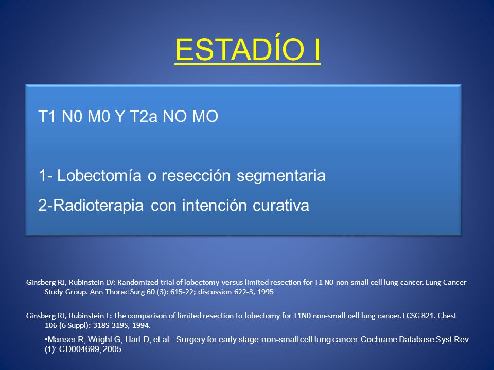 ESTADÍO I T1 N0 M0 Y T2a NO MO 1- Lobectomía o resección segmentaria
