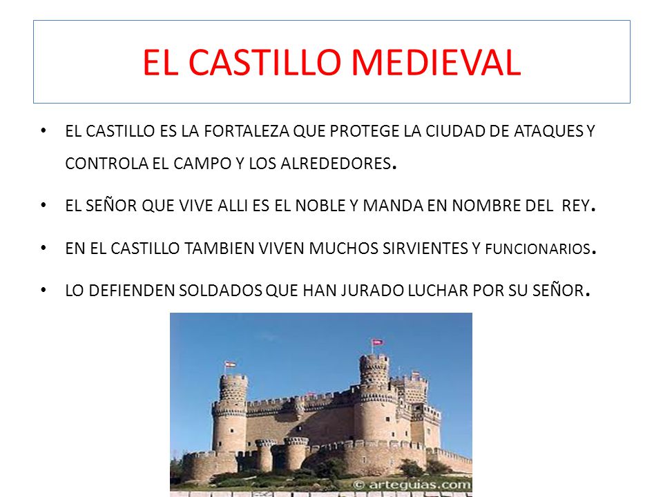 EL CASTILLO MEDIEVAL EL CASTILLO ES LA FORTALEZA QUE PROTEGE LA CIUDAD DE ATAQUES Y CONTROLA EL CAMPO Y LOS ALREDEDORES.
