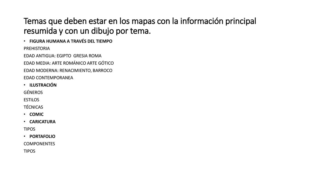 Temas que deben estar en los mapas con la información principal resumida y con un dibujo por tema.
