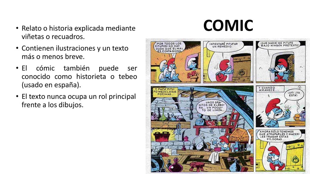 COMIC Relato o historia explicada mediante viñetas o recuadros.