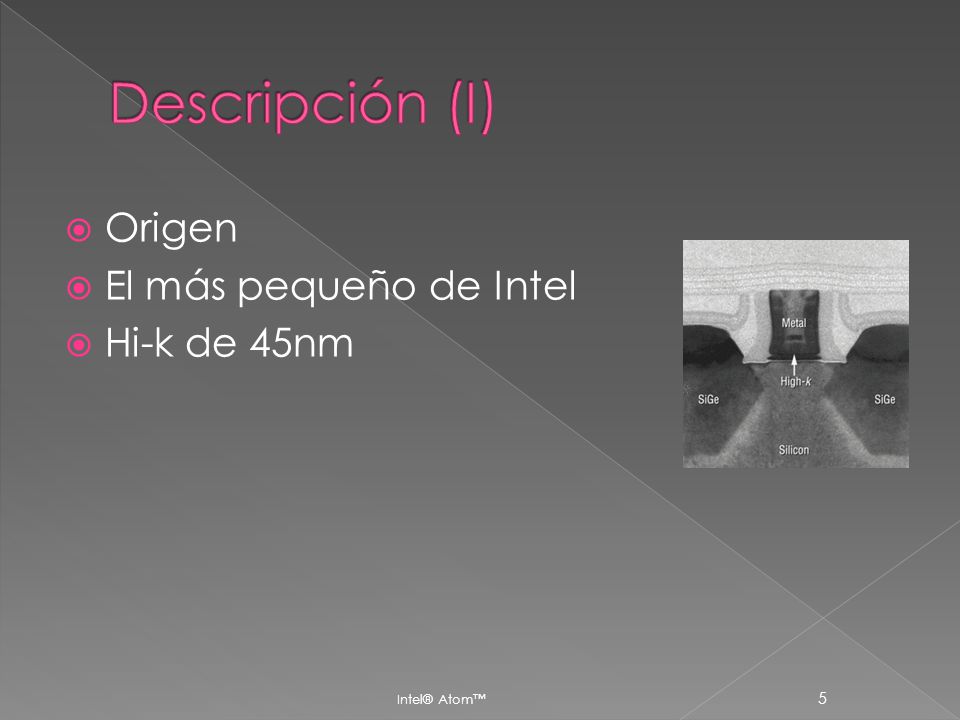 Descripción (I) Origen El más pequeño de Intel Hi-k de 45nm