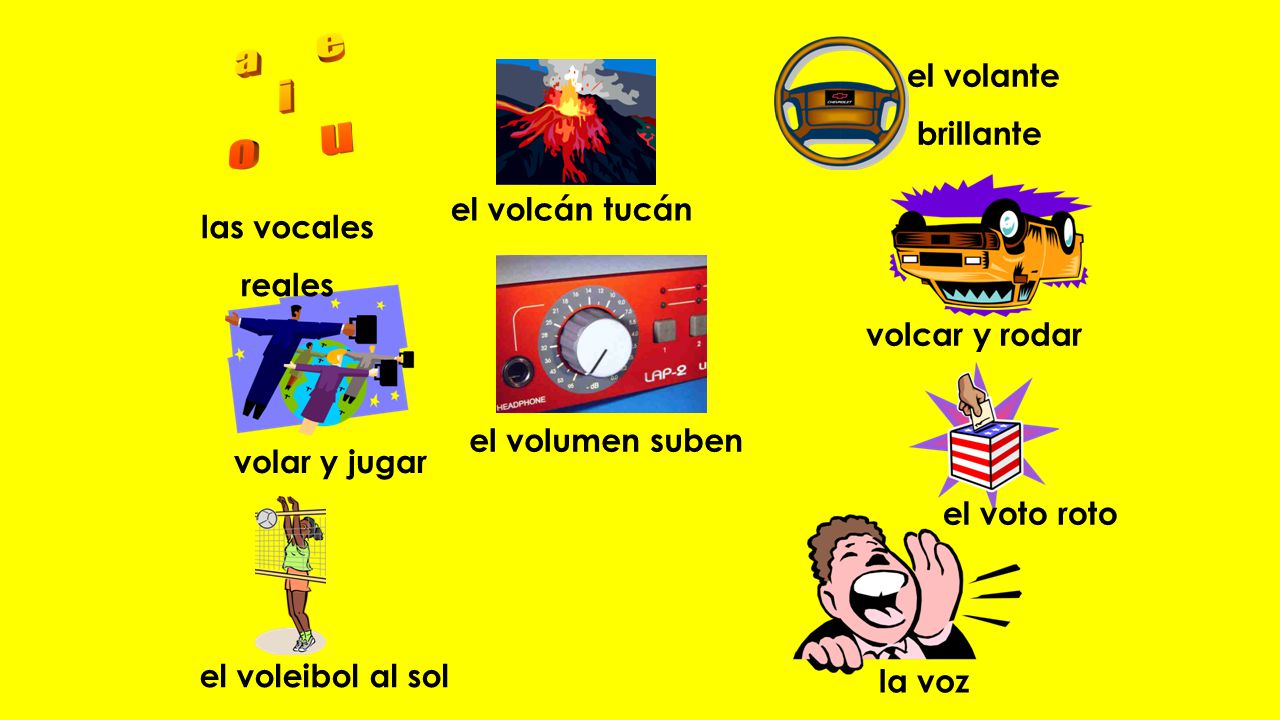 el volante brillante. el volcán tucán. las vocales. reales. volcar y rodar. el volumen suben. volar y jugar.