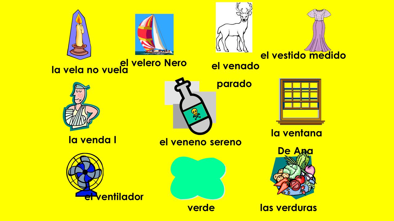 el vestido medido el velero Nero. el venado. parado. la vela no vuela. la ventana. De Ana. la venda l.