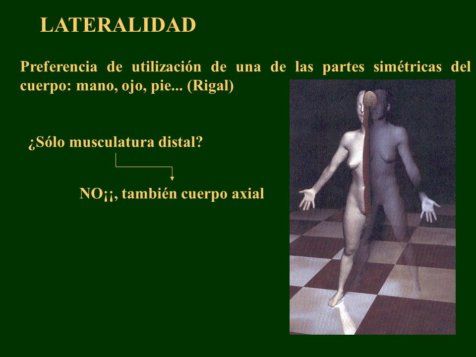 LATERALIDAD Preferencia de utilización de una de las partes simétricas del cuerpo: mano, ojo, pie... (Rigal)
