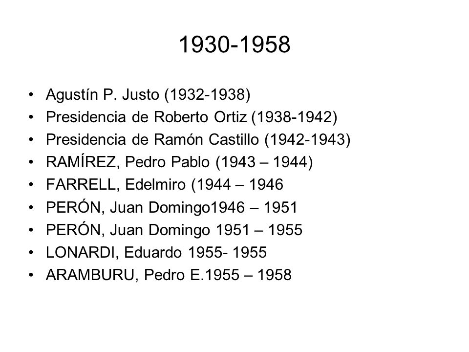 Agustín P. Justo ( ) Presidencia de Roberto Ortiz ( ) Presidencia de Ramón Castillo ( )