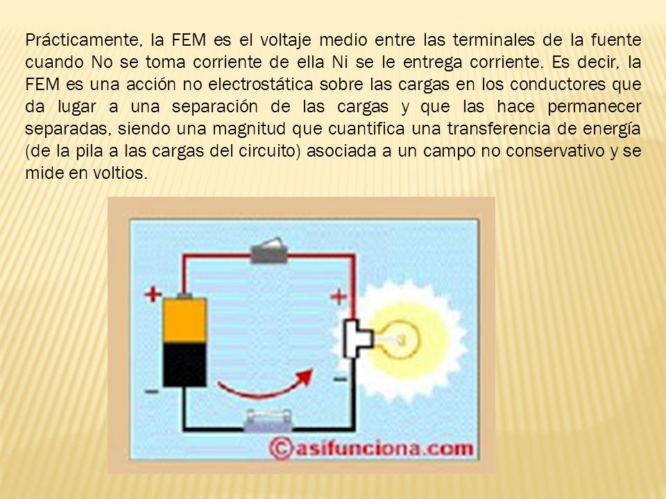 Prácticamente, la FEM es el voltaje medio entre las terminales de la fuente cuando No se toma corriente de ella Ni se le entrega corriente.