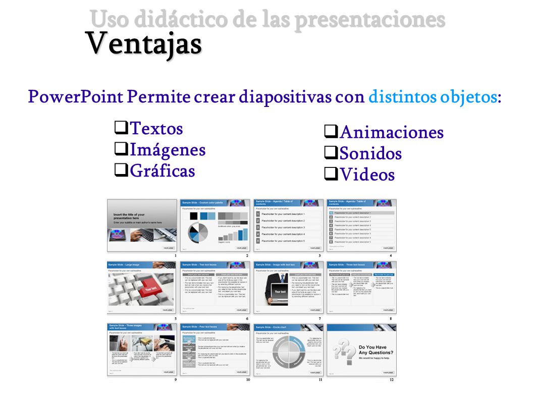 Ventajas PowerPoint Permite crear diapositivas con distintos objetos:
