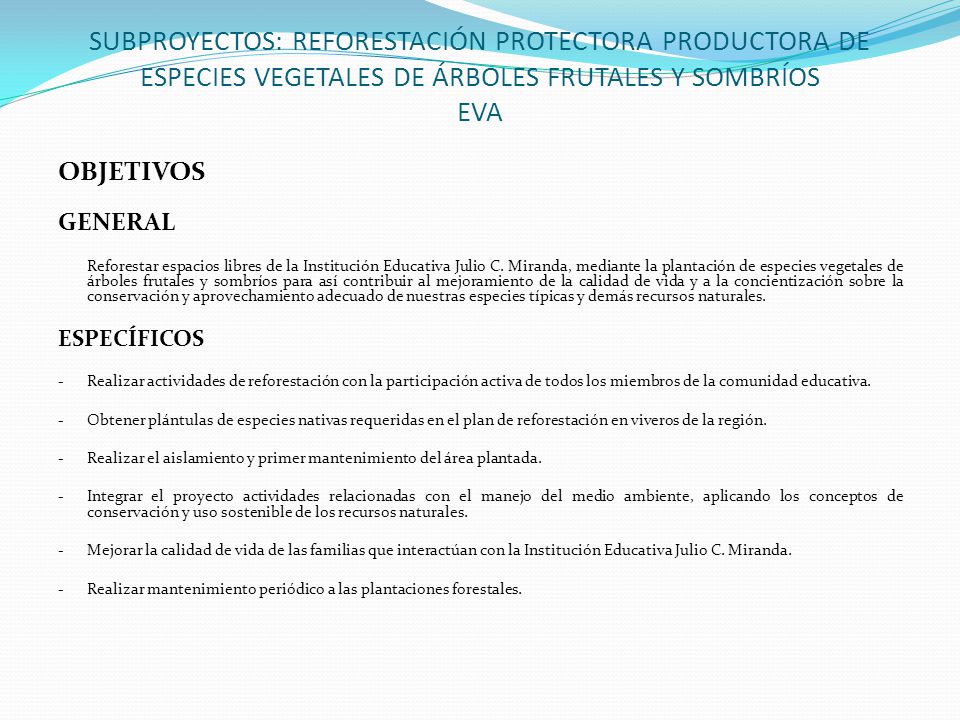 SUBPROYECTOS: REFORESTACIÓN PROTECTORA PRODUCTORA DE ESPECIES VEGETALES DE ÁRBOLES FRUTALES Y SOMBRÍOS EVA