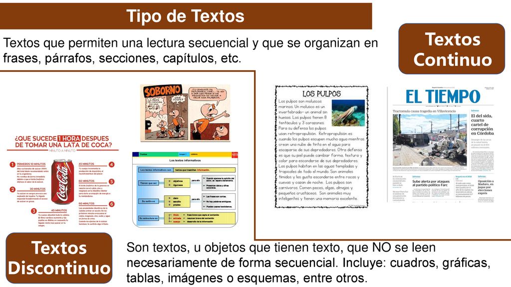 Tipo de Textos Textos Continuos Textos Discontinuos