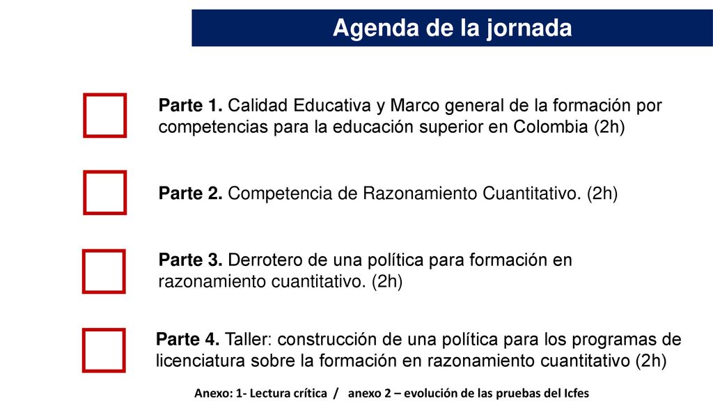 Agenda de la jornada Parte 1. Calidad Educativa y Marco general de la formación por competencias para la educación superior en Colombia (2h)