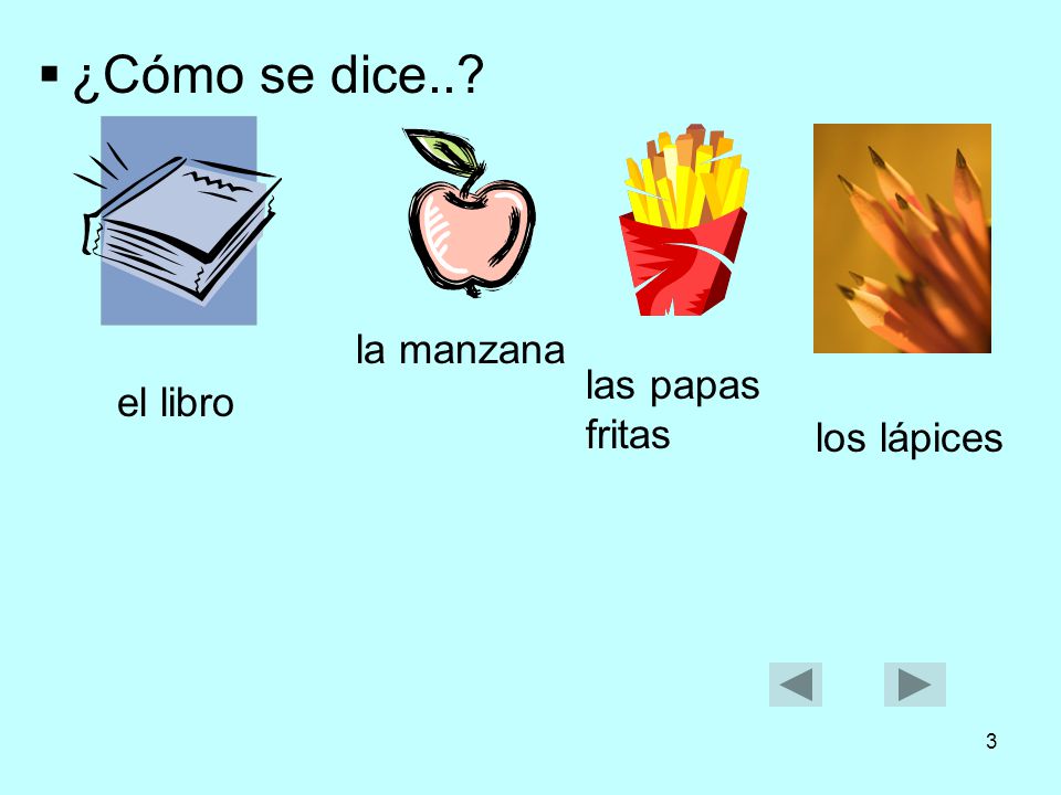 ¿Cómo se dice.. la manzana las papas fritas el libro los lápices