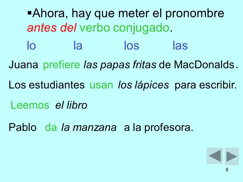 Ahora, hay que meter el pronombre antes del verbo conjugado.