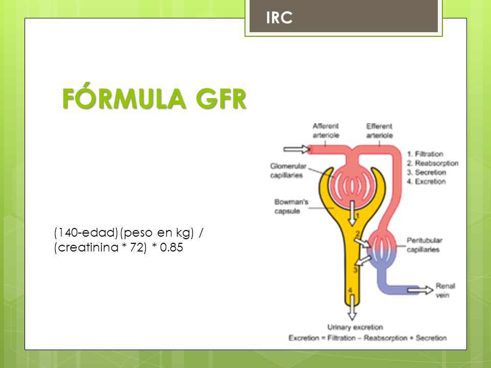 IRC FÓRMULA GFR (140-edad)(peso en kg) / (creatinina * 72) * 0.85