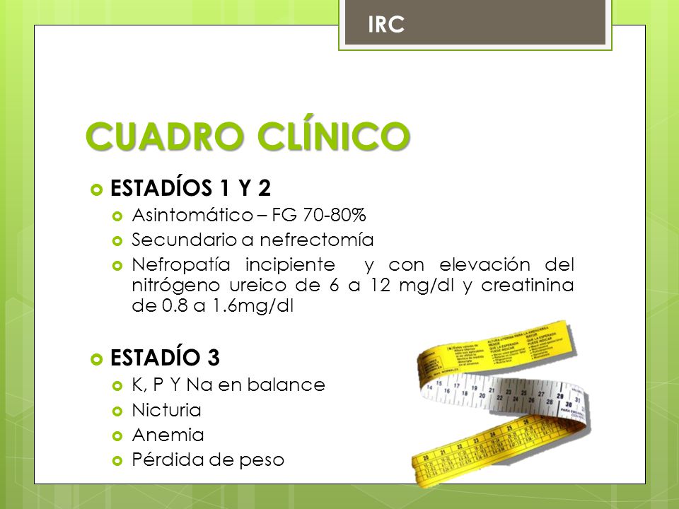 CUADRO CLÍNICO IRC ESTADÍOS 1 Y 2 ESTADÍO 3 Asintomático – FG 70-80%
