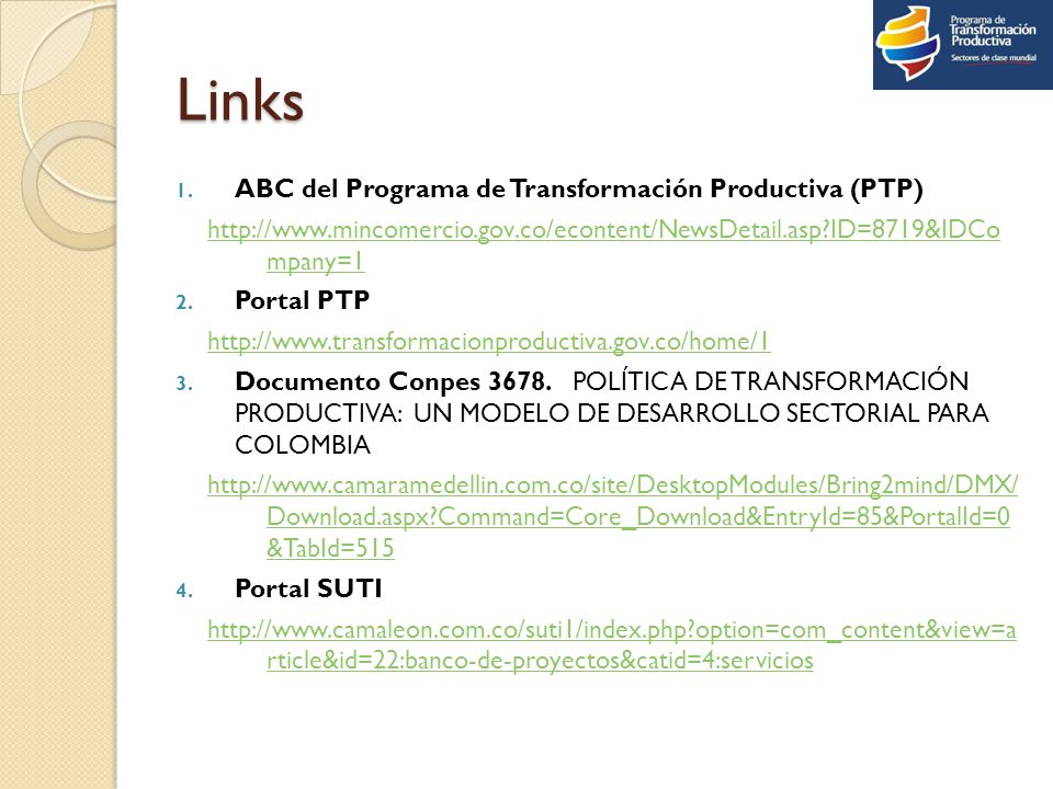 Links ABC del Programa de Transformación Productiva (PTP)