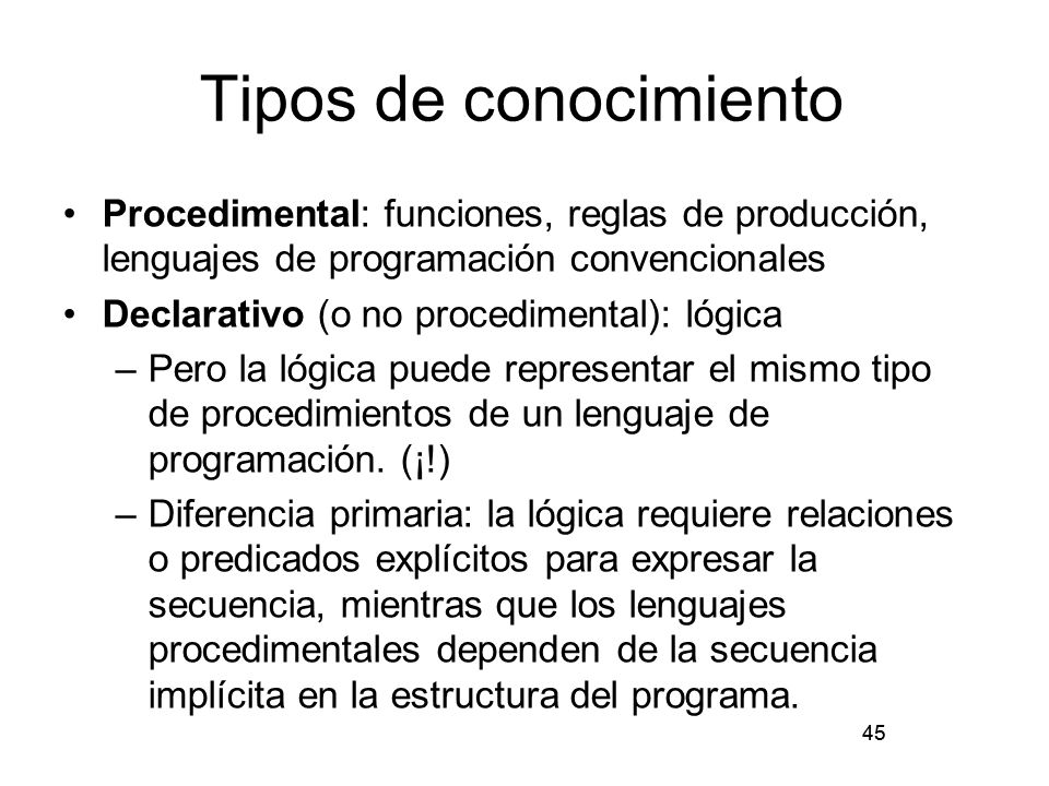 Tipos de conocimiento Procedimental: funciones, reglas de producción, lenguajes de programación convencionales.