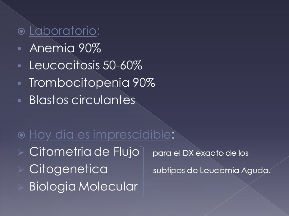 Laboratorio: Anemia 90% Leucocitosis 50-60% Trombocitopenia 90% Blastos circulantes. Hoy dia es imprescidible: