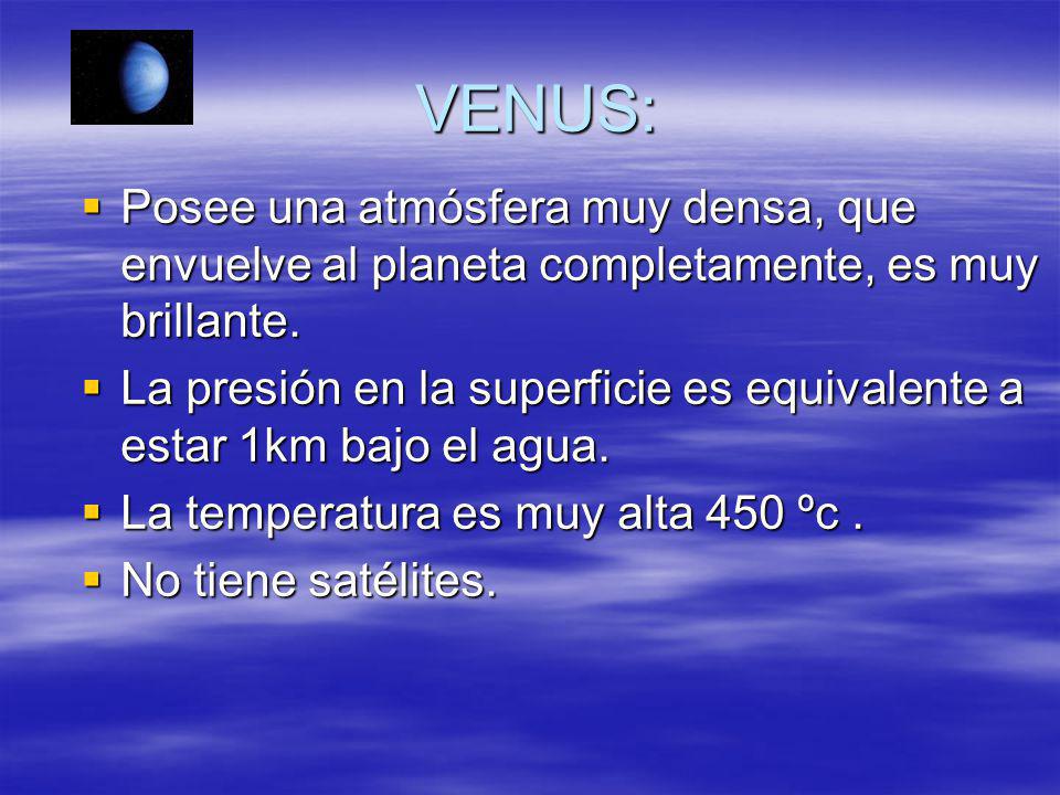 VENUS: Posee una atmósfera muy densa, que envuelve al planeta completamente, es muy brillante.