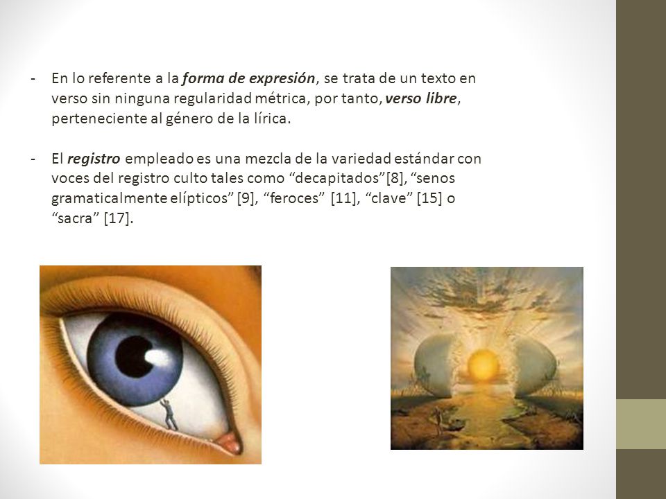 En lo referente a la forma de expresión, se trata de un texto en verso sin ninguna regularidad métrica, por tanto, verso libre, perteneciente al género de la lírica.