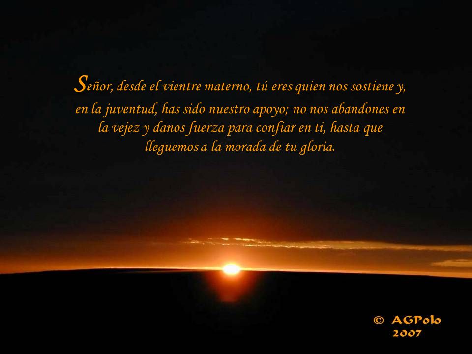Señor, desde el vientre materno, tú eres quien nos sostiene y, en la juventud, has sido nuestro apoyo; no nos abandones en la vejez y danos fuerza para confiar en ti, hasta que lleguemos a la morada de tu gloria.