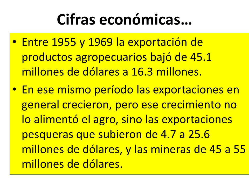 Cifras económicas… Entre 1955 y 1969 la exportación de productos agropecuarios bajó de 45.1 millones de dólares a 16.3 millones.