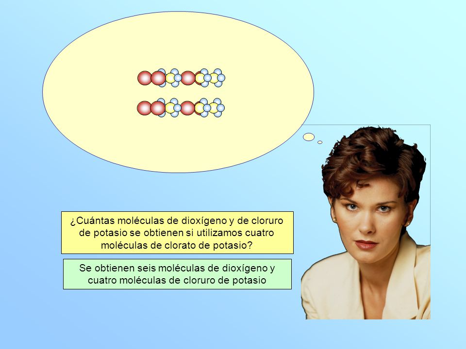 ¿Cuántas moléculas de dioxígeno y de cloruro de potasio se obtienen si utilizamos cuatro moléculas de clorato de potasio