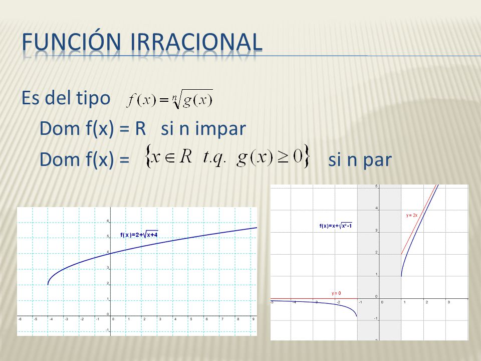 FUNCIÓN IRRACIONAL Es del tipo Dom f(x) = R si n impar Dom f(x) = si n par