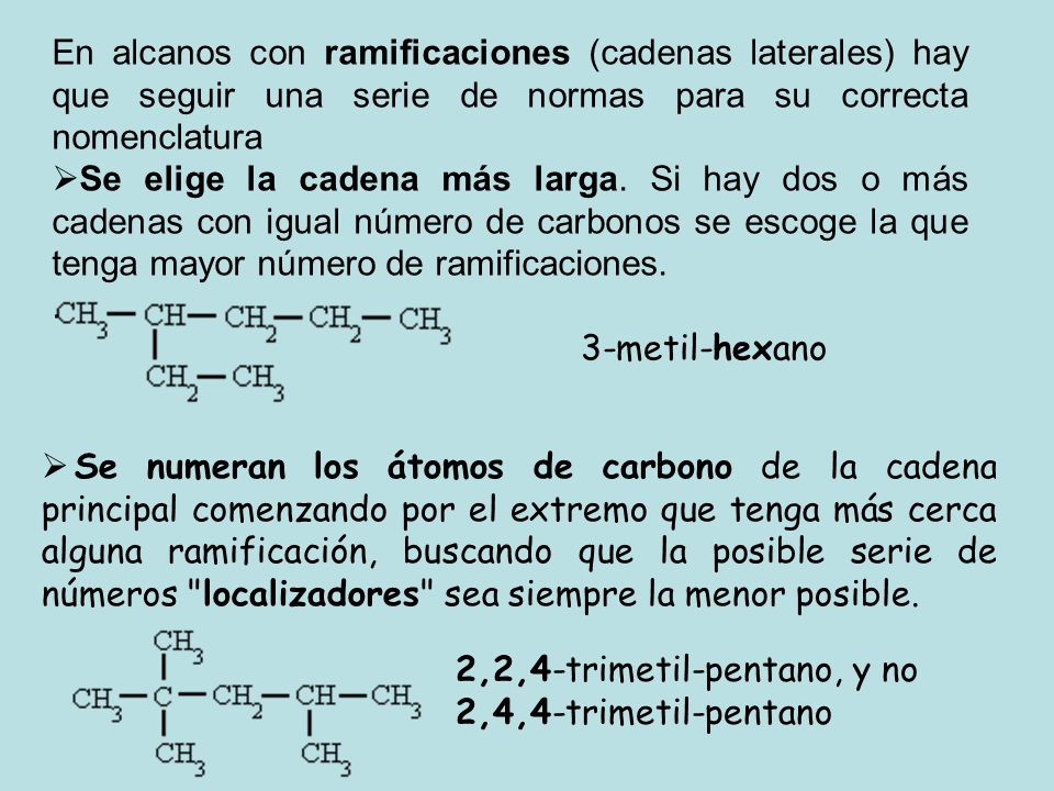 En alcanos con ramificaciones (cadenas laterales) hay que seguir una serie de normas para su correcta nomenclatura