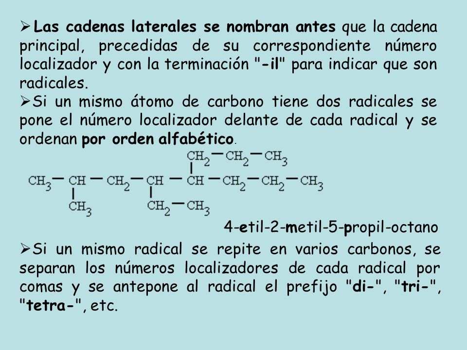 Las cadenas laterales se nombran antes que la cadena principal, precedidas de su correspondiente número localizador y con la terminación -il para indicar que son radicales.