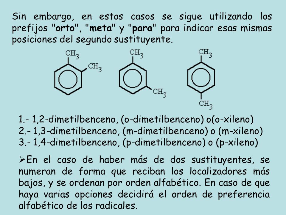 Sin embargo, en estos casos se sigue utilizando los prefijos orto , meta y para para indicar esas mismas posiciones del segundo sustituyente.