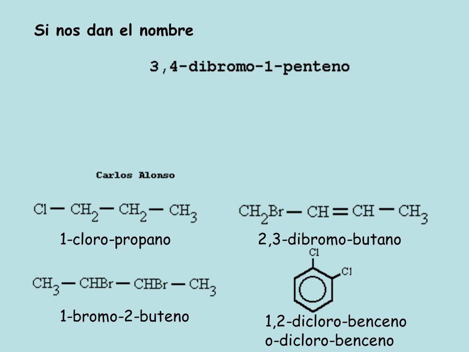 Si nos dan el nombre 1-cloro-propano. 2,3-dibromo-butano. 1-bromo-2-buteno. 1,2-dicloro-benceno.