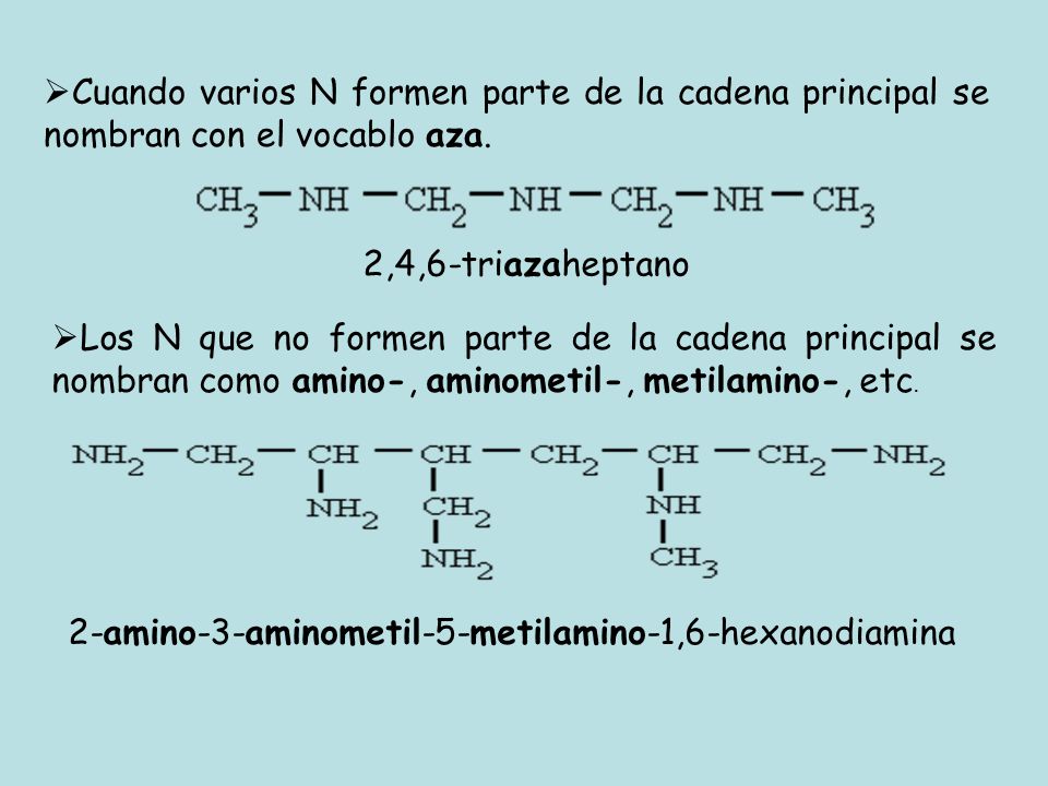 Cuando varios N formen parte de la cadena principal se nombran con el vocablo aza.