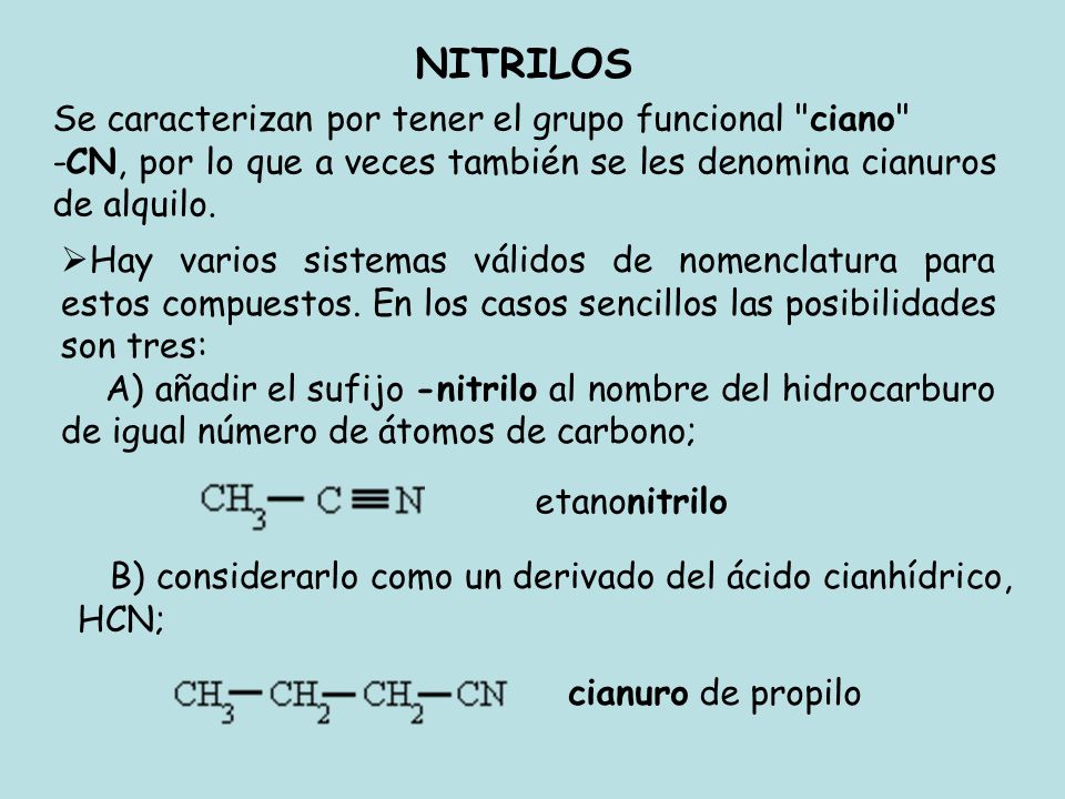 NITRILOS Se caracterizan por tener el grupo funcional ciano
