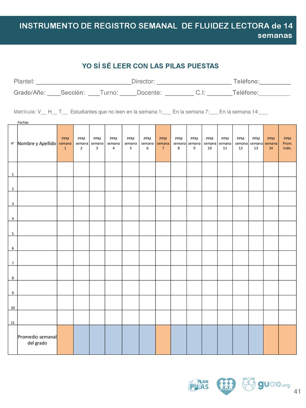 INSTRUMENTO DE REGISTRO SEMANAL DE FLUIDEZ LECTORA de 14 semanas