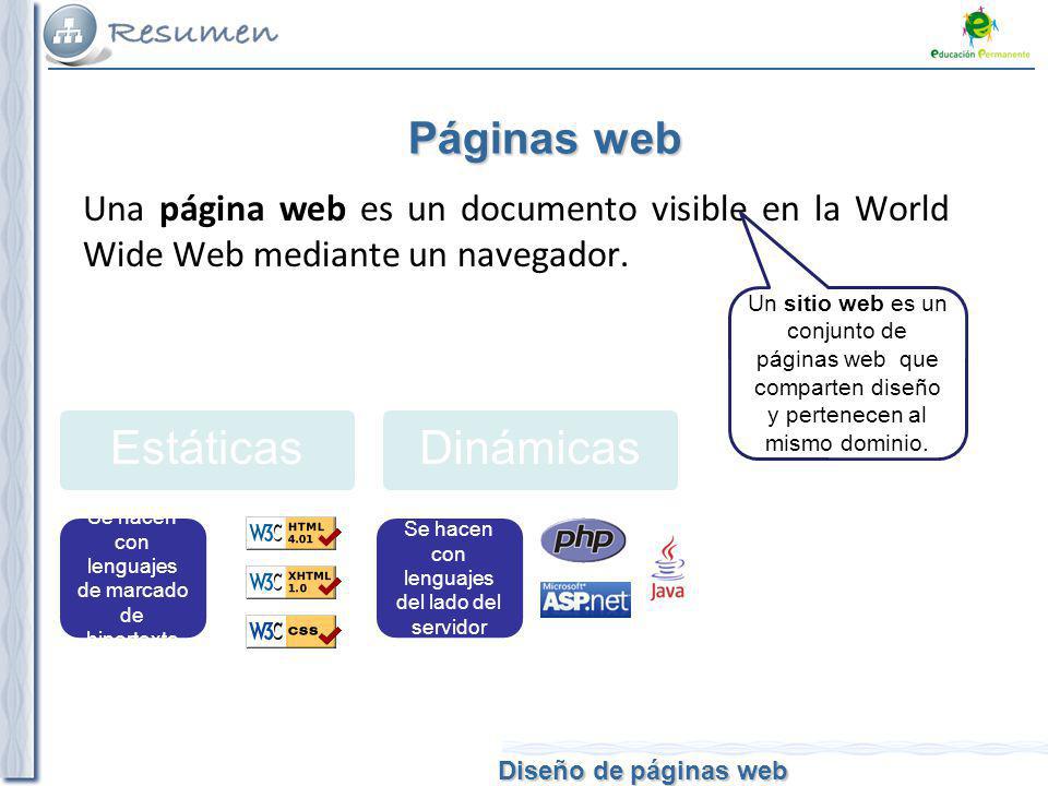 Páginas web Una página web es un documento visible en la World Wide Web mediante un navegador. Tipos de web.